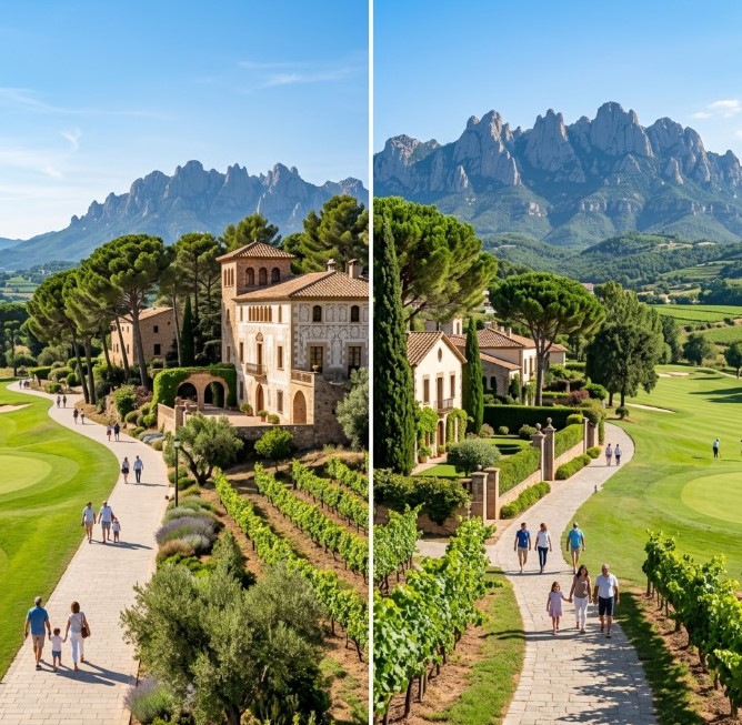 Vistas de las zonas arboladas, los viñedos, la arquitectura residencial y la imponente naturaleza en Sant Esteve Sesrovires